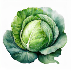 Obraz premium Watercolor painting of fresh green cabbage. Healthy farm vegetable. Vegan, organic food.