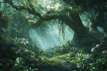 Enchanted forest with sunlight filtering through ancient trees in a peaceful glade