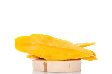Dried mango slices isolated on white background, close-up.