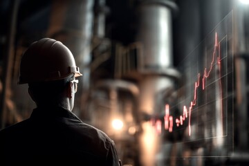 A worker wearing a hard hat analyzes a sharply rising fuel chart against a backdrop of industrial equipment, highlighting ongoing energy fluctuations Generative AI