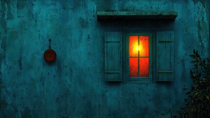 A brightly illuminated window on a rustic weathered exterior wall
