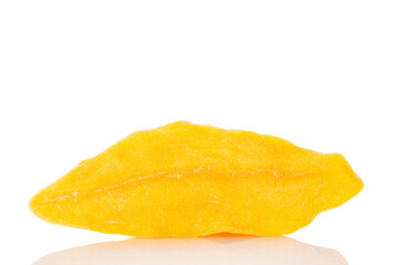 Dried mango slices isolated on white background, close-up.