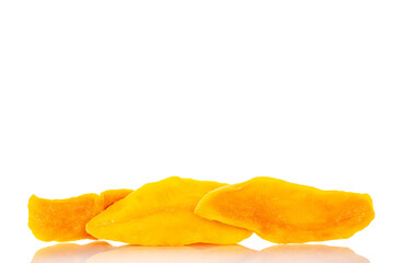Dried mango slices isolated on white background, close-up.
