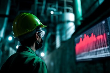 A worker observes a fluctuating fuel chart in a dimly lit industrial environment, indicating significant changes in fuel levels and demanding immediate action Generative AI