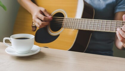 A cup of coffee and hands playing a guitar