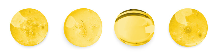 Drops of golden serum on white background, set