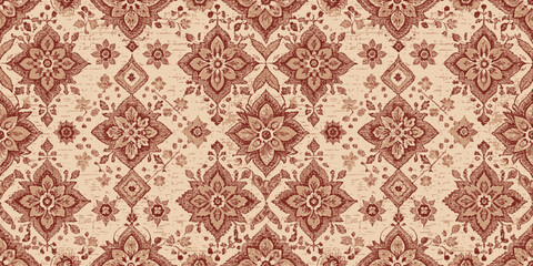 Elegant vintage floral pattern in warm red tones on a cream background.