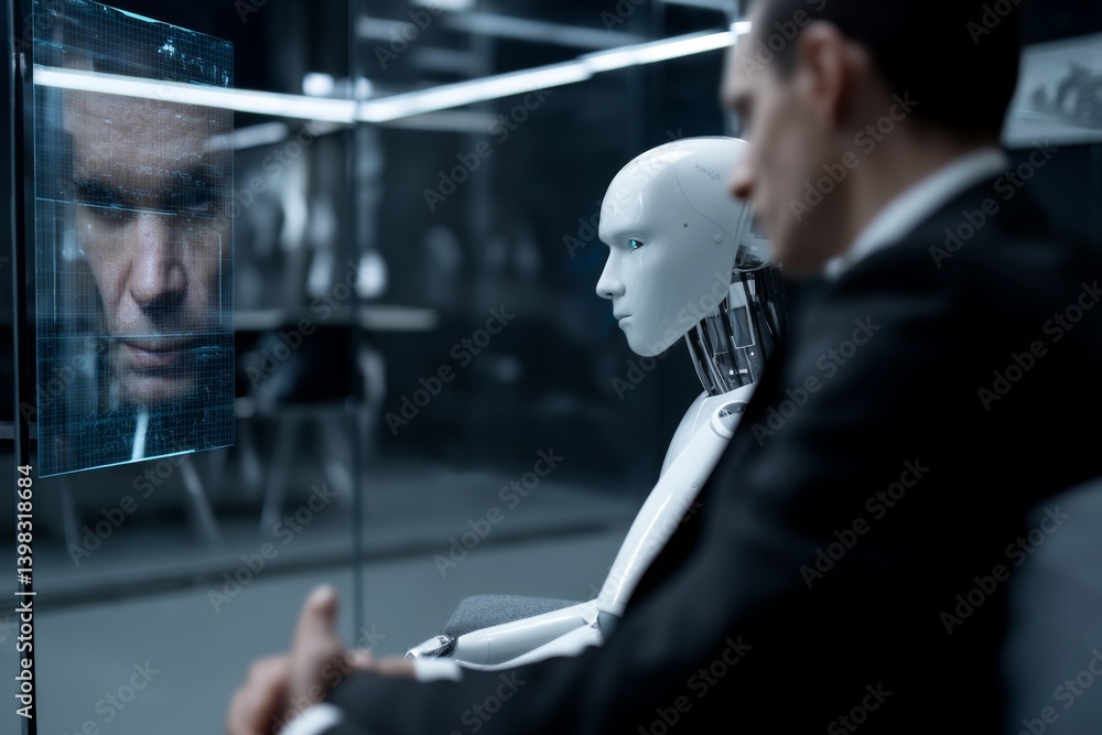 Poster a human sits across from a sophisticated robot in a modern office, engaging in a thought-provoking i