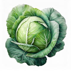 Obraz premium Watercolor painting of fresh green cabbage. Healthy farm vegetable. Vegan, organic food.