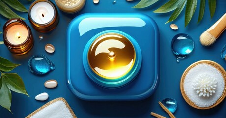 Glossy deep blue and gold home spa and beauty app icon with skincare routine and relaxation realistic detailed glossy style round square shape modern app icon bold vibrant colors