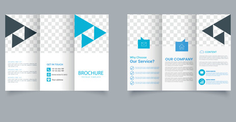 Trifold brochure with triangles in design. Marketing Layout. Editable image.