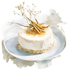 Creative watercolor of a Korean style ginseng cheesecake