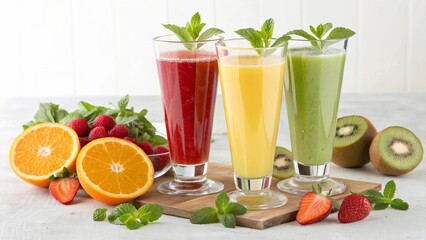 A vibrant display of three glasses filled with various fruit juices, surrounded by an array of fresh citrus fruits. The colors range from orange to green and red, highlighting freshness