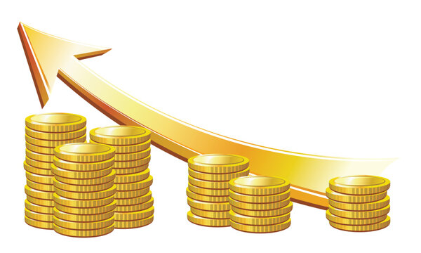 Illustration of gold coin stacks decreasing in height with a rising golden arrow