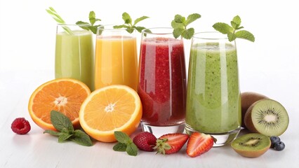 A vibrant display of four glasses filled with various fruit juices, surrounded by an array of fresh citrus fruits. The colors range from orange to green and red, highlighting freshness