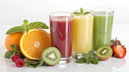 Fototapeta premium 3 glasses of fresh juice with fruit slices isolated on a white background