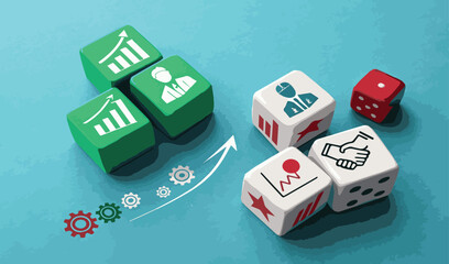 Colorful dice on blue background, Business icons, Green cubes with graph symbols, White cubes with people icons, Red cube with speech bubble, Minimalist composition, Concept of teamwork and analytics