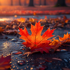 Orange and Red Maple Leaves in Autumn Scene