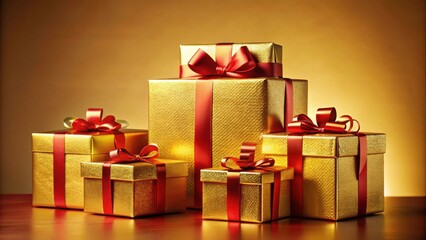 Obraz premium A Collection of Luxurious Gold Gift Boxes Adorned with Elegant Red Ribbons, Ready for a Special Occasion