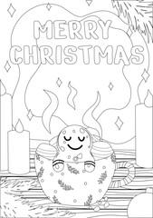 Coloring page with gingerbread in a mug, candles and the inscription Merry Christmas.