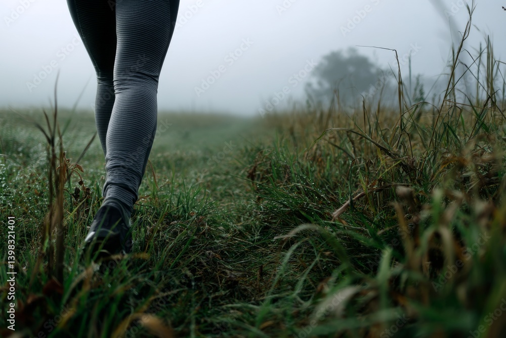 Poster A person jogs along a narrow path surrounded by tall grass in a foggy environment, creating a peaceful and reflective atmosphere during early morning Generative AI