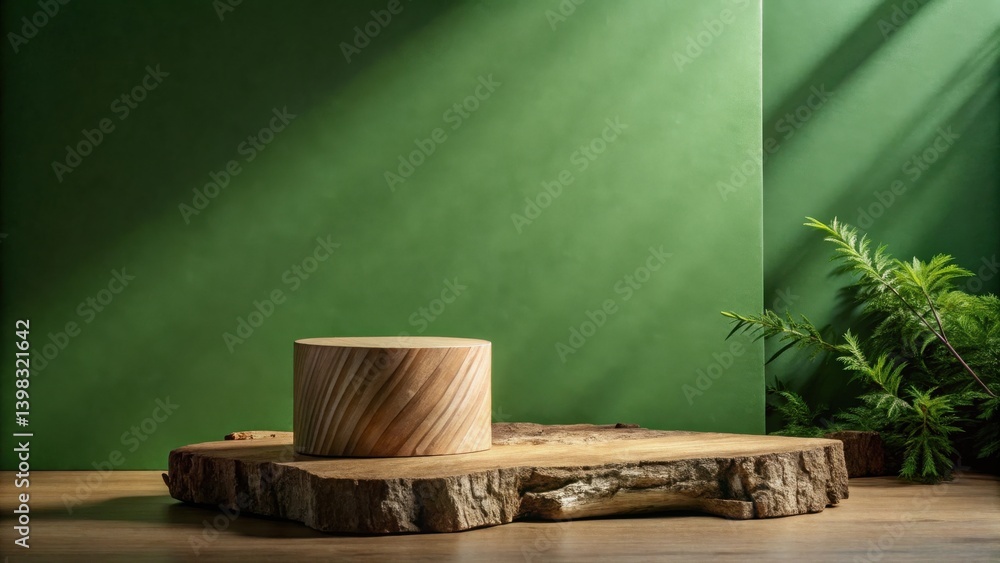 Poster Rustic Wooden Display Platform with Greenery Against a Green Background Ideal for Product Showcases or Branding Opportunities