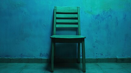 A single wooden chair against a textured blue wall background