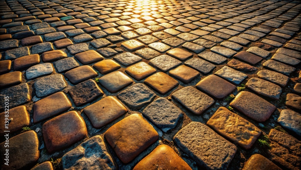Poster golden hour on a cobblestone street a textured path illuminated by the setting sun