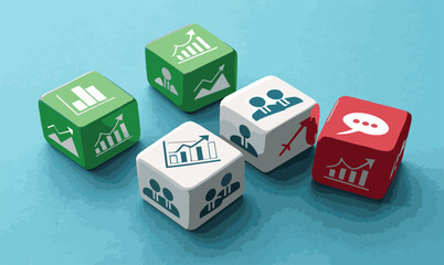 Colorful dice on blue background, Business icons, Green cubes with graph symbols, White cubes with people icons, Red cube with speech bubble, Minimalist composition, Concept of teamwork and analytics