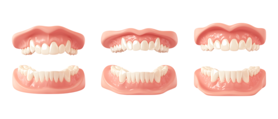 Assorted full and partial sets of upper and lower false teeth dentures are displayed against a stark transparent background.