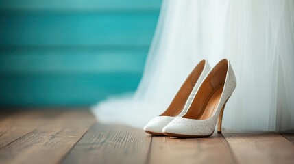 This striking image features stylish white bridal shoes on a rustic wooden surface, blending elegance with earthy tones, ideal for wedding inspirations and fashion aesthetics.