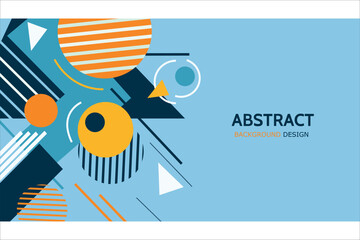 Dynamic geometric composition of circles, ovals, triangles and lines in bright shades of red, orange and yellow. Blue background. For modern design projects, business cards, postcards, invintations