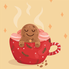 Gingerbread character sitting in a mug with marshmallows