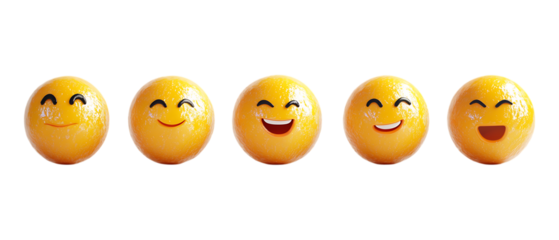 A row of five glossy yellow happy face emojis showing varied positive expressions isolated on a stark transparent background for
