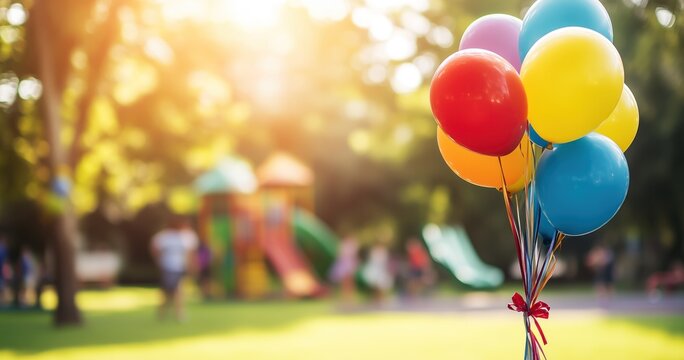 Des ballons gonflables rouge, jaune, bleu et violet cr&eacute;ant une d&eacute;coration joyeuse lors d'une f&ecirc;te d'anniversaire en plein air avec une aire de jeux floue en arri&egrave;re-plan.
