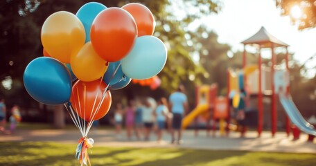Des ballons gonflables colorés attachés, créant une décoration joyeuse lors d'une fête d'anniversaire en plein air avec une aire de jeux en arrière-plan avec des enfants et des parents.