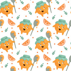 Naklejka premium Pattern with an orange in a hat and with a spoon in hand and orange slices.