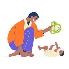Vector cartoon of a Black father playing with his baby. Cute parenting moment, smiling dad holding a toy while child lies on the floor. Bright flat style for Father’s Day content