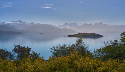 The General Carerra Lake as seen from the road 7 Carretera Austral to Chile Chico. Mountains in the...