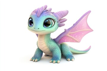 Adorable baby dragon with pastel scales and large eyes, sitting on a white background.