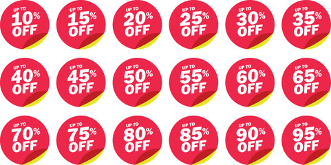 Special mega offer discount label icon set. Sale off percent, discount special offer price promotion tag, discount from 10 to 95 percent vector isolated on transparent background. Vector illustration.