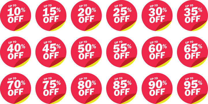 Special mega offer discount label icon set. Sale off percent, discount special offer price promotion tag, discount from 10 to 95 percent vector isolated on transparent background. Vector illustration.
