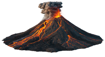 Isolated erupting volcano with lava flows