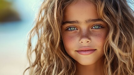 Naklejka premium A Young Girl Posing With Clear Eyes And Freckles