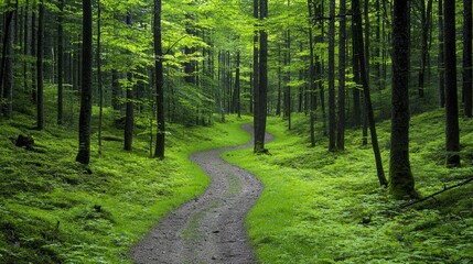 Obraz premium A winding path leads through a lush green forest landscape
