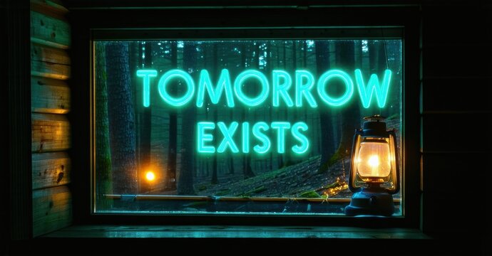 Naklejki Glowing teal neon tomorrow exists in chunky letters on side of hill cabin window reflecting misty woods and soft lantern glow