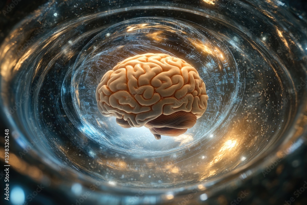 Poster a 3d rendered human brain floats within a swirling vortex of data, symbolizing the complexity of the