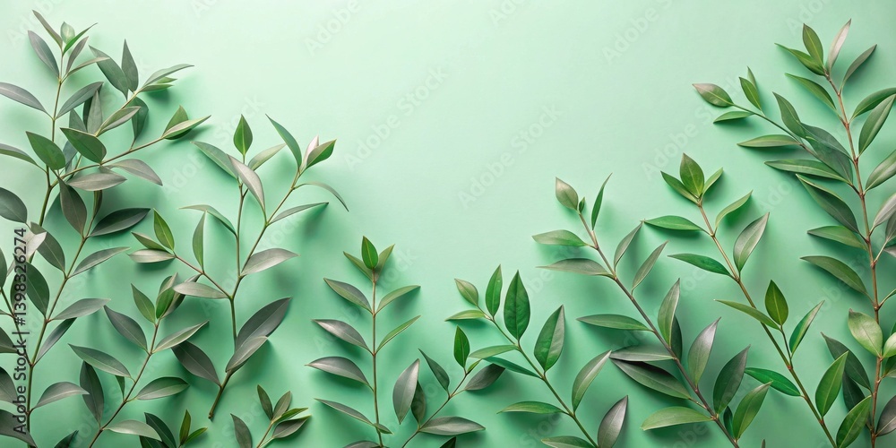 Poster serene green sprigs arranged on a pastel background, creating a calming and peaceful atmosphere idea