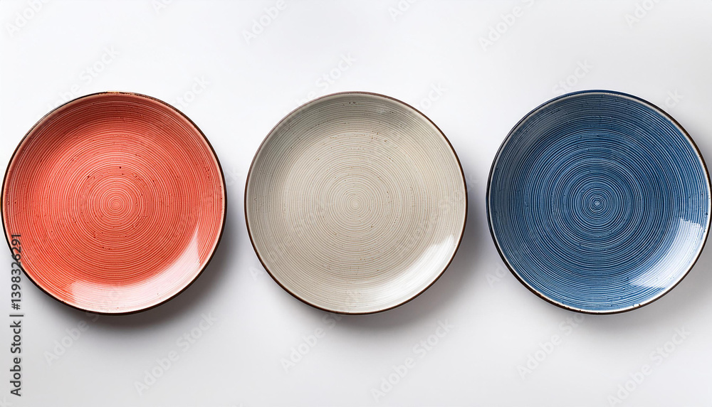 Poster three plates with a circular pattern sit side by side. the plates are different colors. there is a r