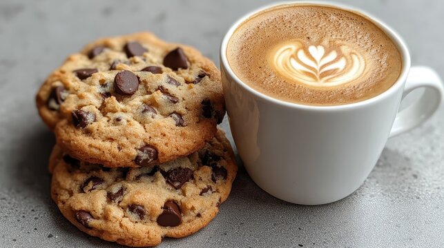 A mouth-watering display of chocolate chip cookies stacked beside a beautifully crafted latte, inviting coffee lovers to indulge in this perfect pairing of flavors.
